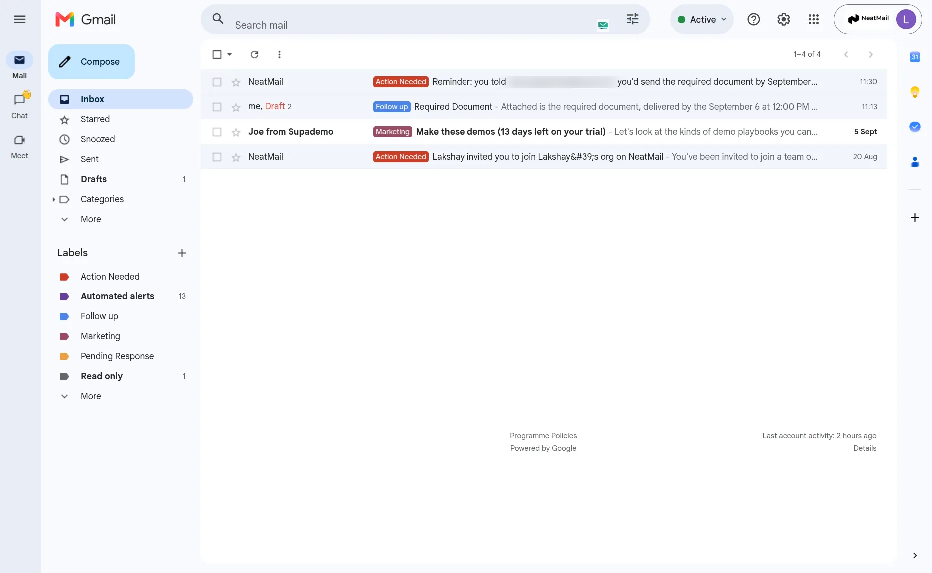 A Gmail inbox with NeatMail's Action Needed and Follow up labels applied to threads