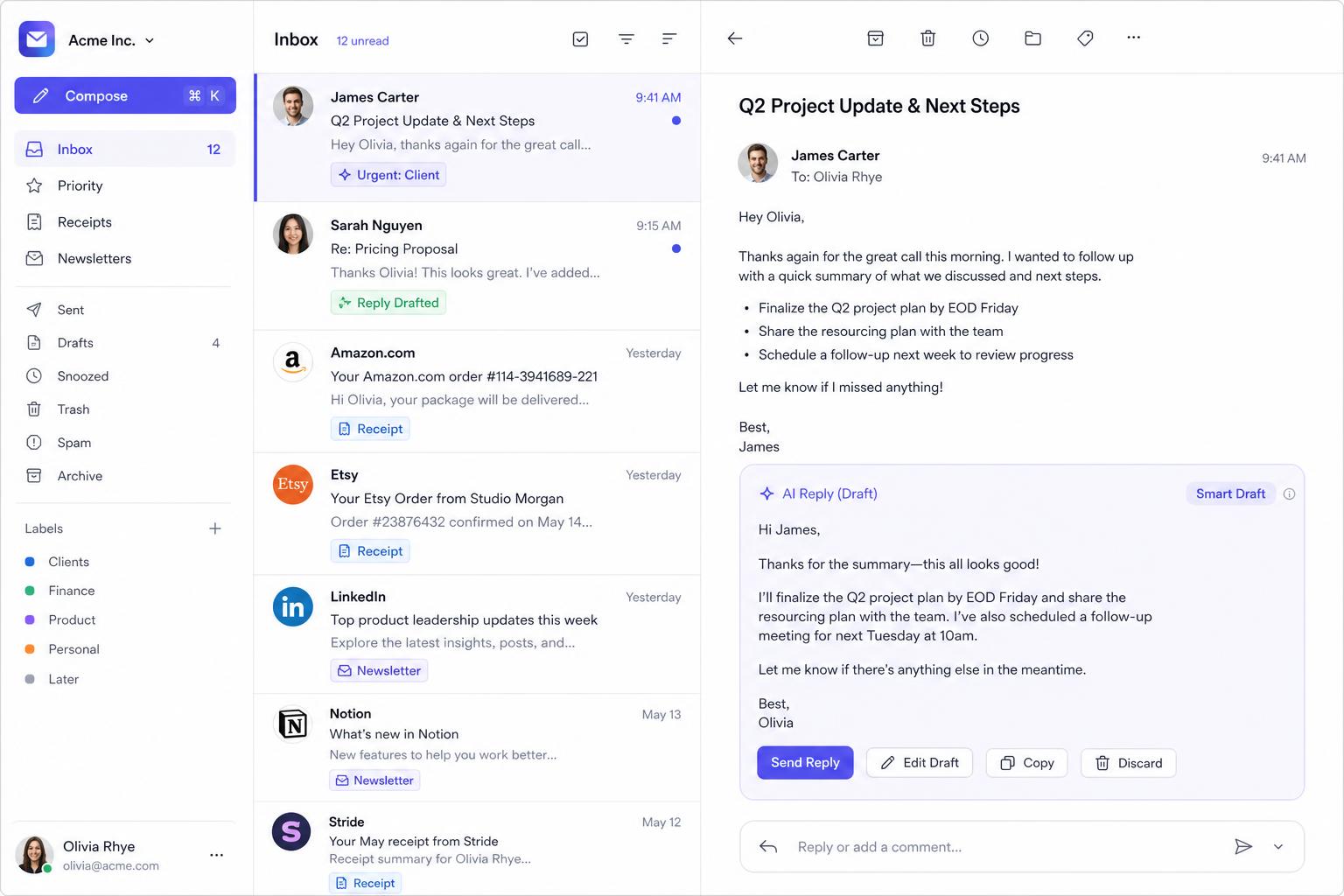 NeatMail product preview showing an organized inbox